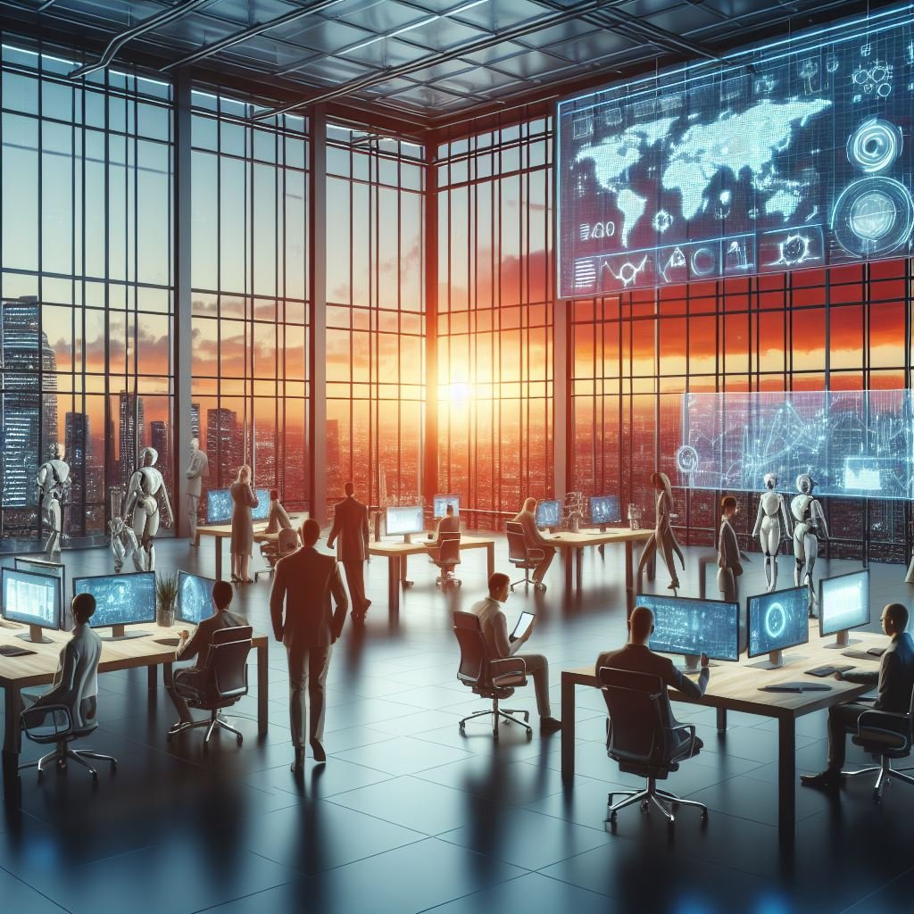 "A futuristic office with large floor-to-ceiling windows showcasing a sunset, a large oval desk with people sitting in front of a computer, others standing with tablets in hand discussing together. The image is hyper-realistic, in shades of blue-gray."